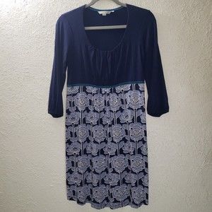 Boden Sz 10 Navy Blue Babydoll Dress Midi Elastic Waist 3/4 Sleeve Floral Solid